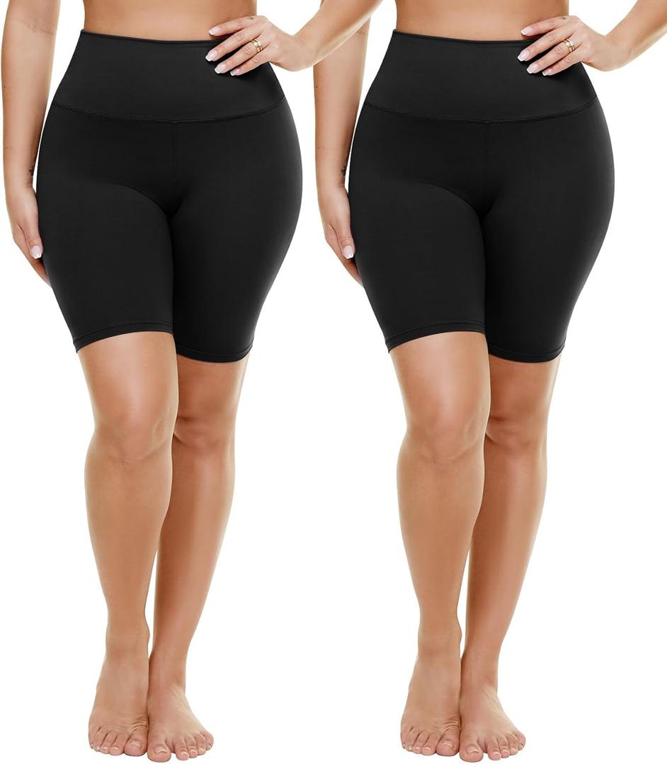 TNNZEET 2 Pack Plus Size Biker Shorts for Women - 8" Black High Waisted Tummy Control Spandex Workout Shorts (Black, XXXL)