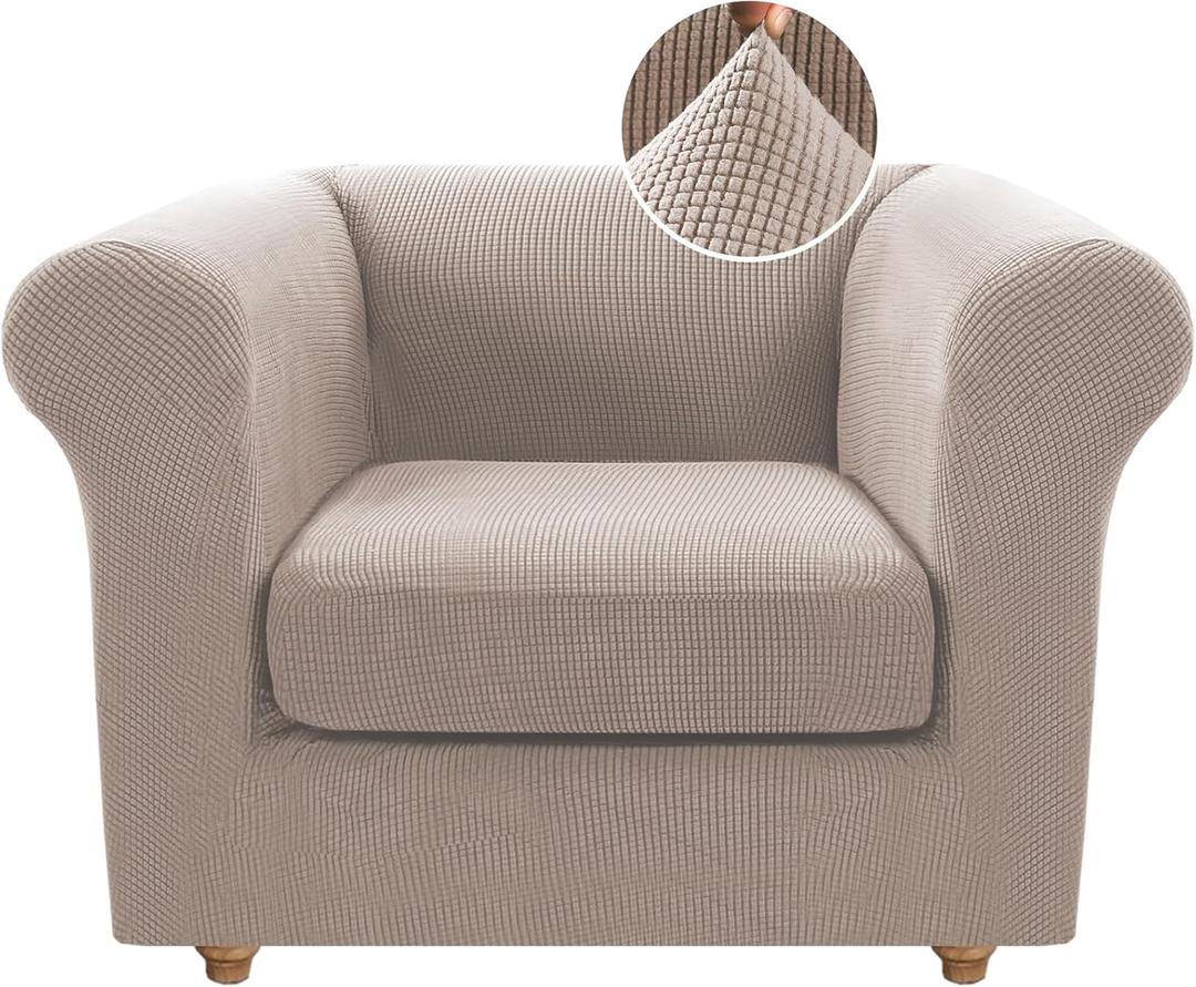 H.VERSAILTEX Chair Covers 2 Pieces Chesterfield Stretch Chair Slipcovers with Arms Mid Century Deep Seat Couch Cover Fit Width Up to 47 Inch, Thicker Jacquard Fabric (Small Sofa, Sand)