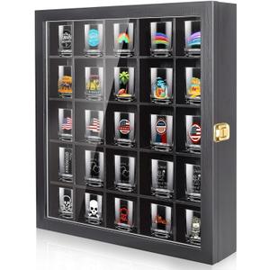 Tutata Shot Glass Display Case - 25 Slot Holder with Door, Wall Mounted Storage Case - Black