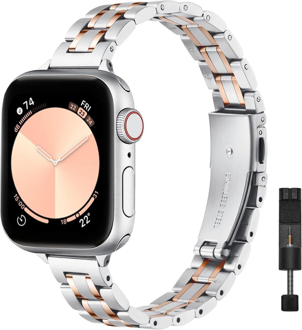 STIROLL Thin Replacement Band Compatible for Apple Watch 38mm 40mm 41mm 42mm(Series 11 10), Stainless Steel Metal Wristband Women Men for iWatch Ultra SE Series 9 8 7 6 5 4 3 2 1, Silver Rose Gold