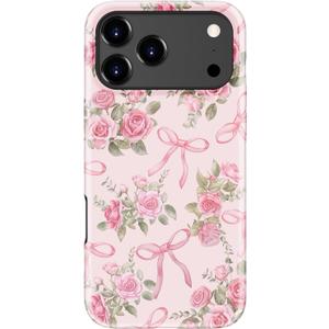 for iPhone 17 Pro Max Case, Wireless Charging Compatible, Dual-Layer Soft Silicone + Hard Shell with Cute Aesthetic Wildflower Design,Protective Phone Cover for Women - Pink Rose and Bows