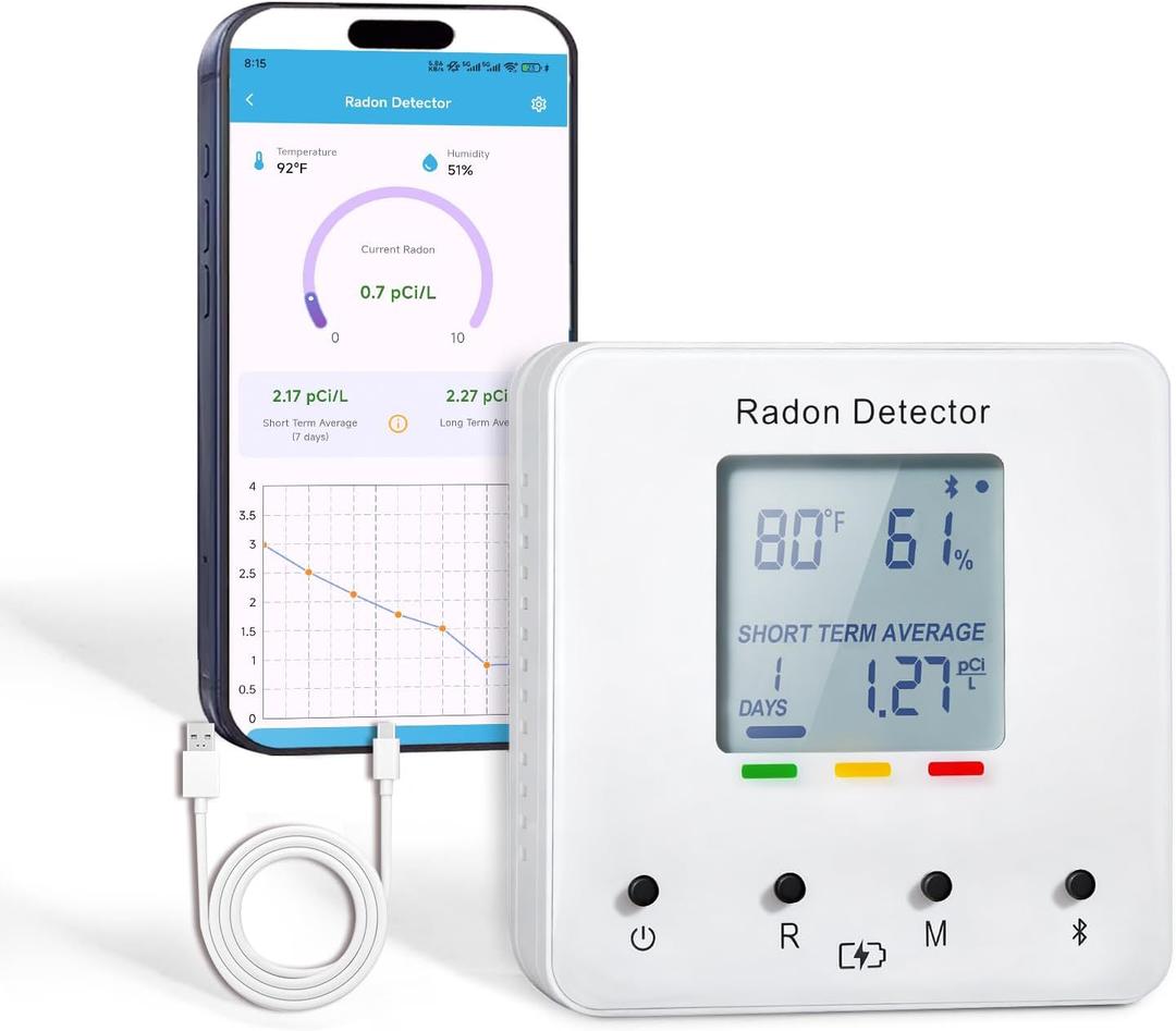 Bluetooth Radon Detector for Home & Basement, Portable Radon Test Kit with Real Time Gas Concentration, Temp & Humidity Monitoring, App Alerts, Detect Hidden Risks and Breathe with Confidence