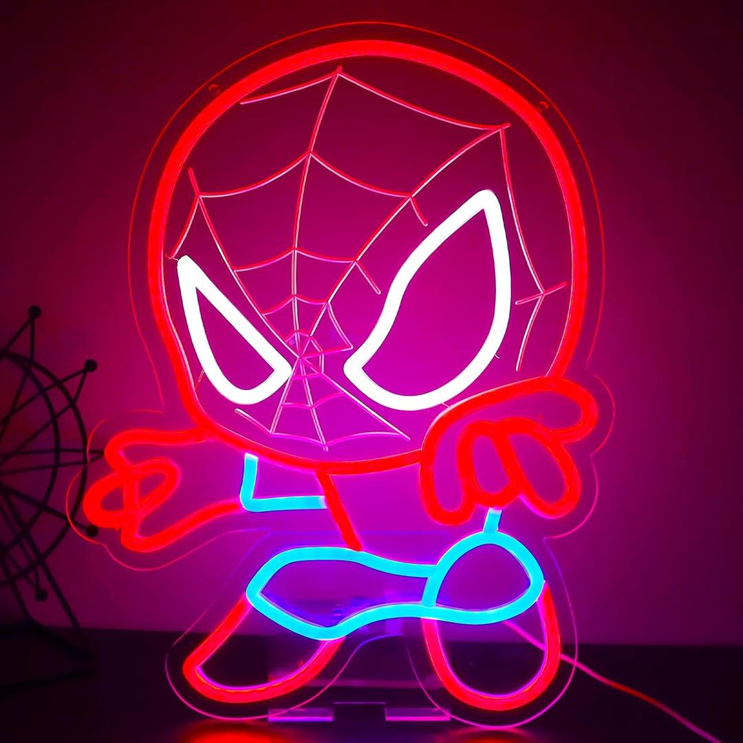 LED Spider Neon Sign for Wall Decor, Dimmable Anime Light Up Display, Kids Bedroom Game Room Decoration, 12.2x15.7 Inch