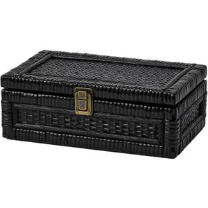 Rattan Box with Lid Decorative Natural Handmade Boho Rattan Baskets Woven Wicker Cane Bins Keepsake Memory Jewelry Boxes Rectangular Desk Shelf Closet Organizer Container (Black, Small)