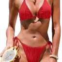 ZAFUL Bikini Sets for Women Halter Two Piece Swimsuit Ribbed High Cut Tie Side Thong Bathing Suit Sexy Padded Swimwear (Red, XL)
