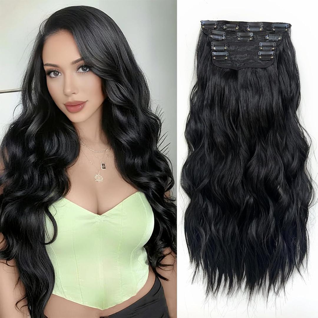 Black Hair Extensions, 22 Inch Long Wavy 4PCS Thick Hairpieces Black Fiber Double Weft Synthetic Clip in Hair Extensions for Women(Color:Black)