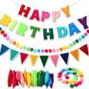 Happy Birthday Banner Pre-Strung Felt Birthday Banner with Rainbow Felt Ball Garland, Reusable Happy Birthday Decorations for Party & Room Decor, Birthday Party Decorations for Women Men Boys Girls