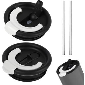 2 Pack Flip Straw Replacement Lids40 OZ Tumbler Lid Replacement for Stanley Quencherwith 2 Straws, Dual Drinking Outlets, Compatible with Stanley Cup Accessories Spill Proof Tumbler Lids for (black)
