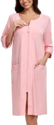 CF 100% Cotton Robes for Women Zip Up Housecoat Lightweight Bathrobe, Pink, XL