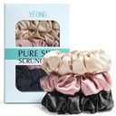 YFONG 3 PCS 100% Mulberry Silk Scrunchies for Women Girls, 22 Momme Soft Hair Ties for Frizz & Breakage Prevention, Elastic Ponytail Holders Gentle And No hurt, (Pink+Black+Champagne)