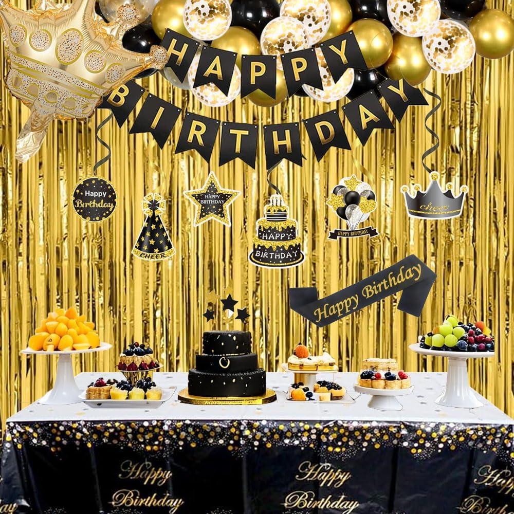 Black & Gold Birthday Decorations Set for Men- Happy Birthday Party Supplies with Banner, Hanging Swirls, Tablecloth, Cake Toppers and Balloons Arch for Graduation Decor