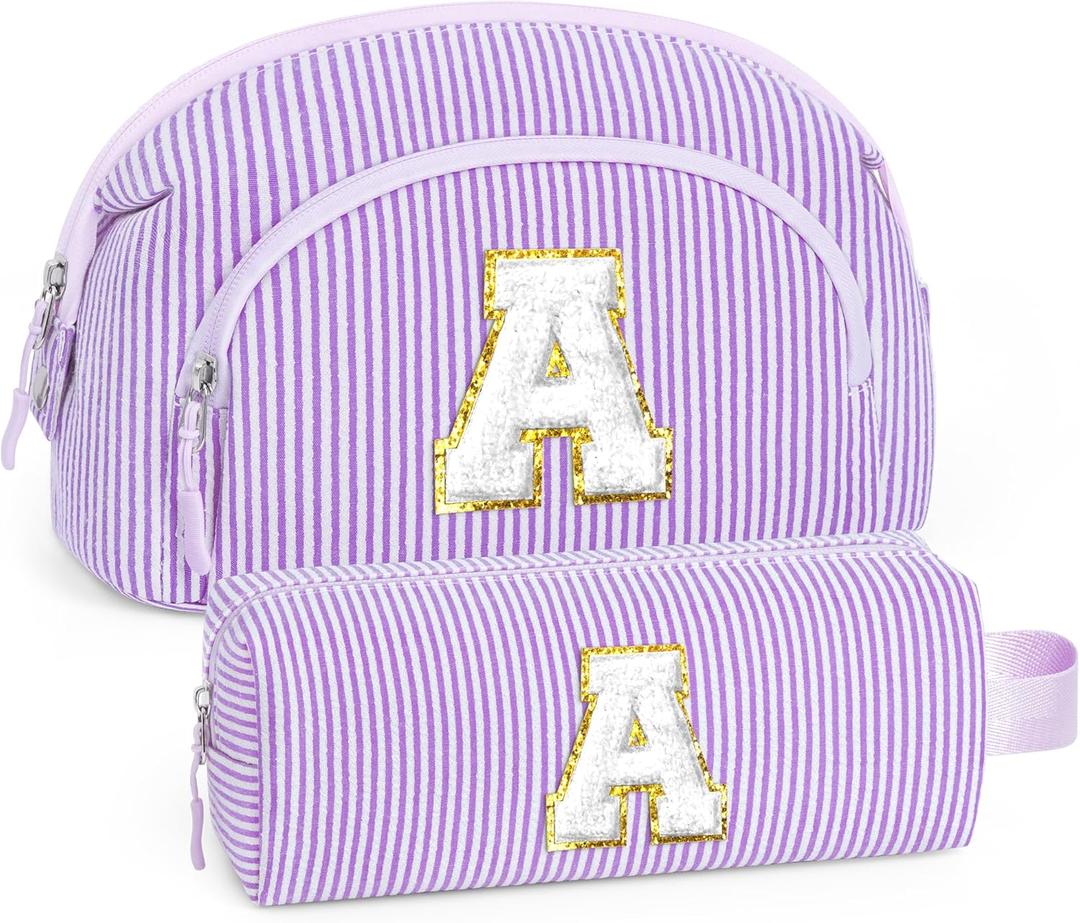 YOOLIFE Easter Gifts for Women Teens - Initial Purple Makeup Bags for Teen Girls Gifts Year Old Girl Birthday Gift Friend Birthday Bridesmaid Wedding Gift for Women, Easter Basket Stuffers Purple A