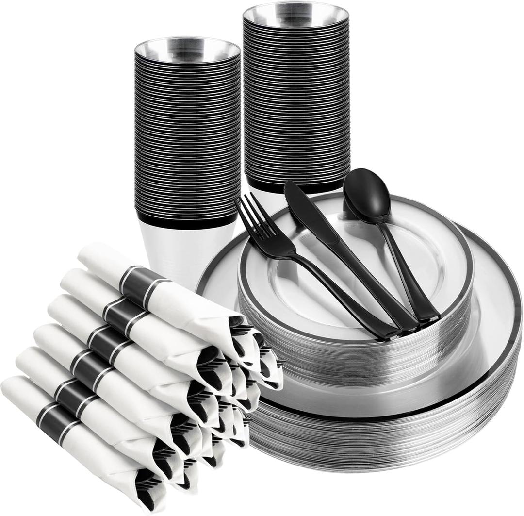 BESTSTAR 175PCS Clear and Black Disposable Plates Set for 25 Guests, 50 Plastic Plates, 25 Cups, 25 PreRolled Napkins with Plastic Cutlery for Party, Birthday, Wedding, Thanksgiving, Christmas