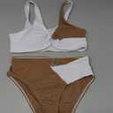 SweatyRocks Girl's Two Piece Color Block Swimsuit V Neck Ribbed Bikini Set Bathing Suit Beachwear White Brown 14Y