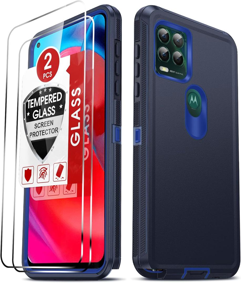 LeYi Compatible for Moto G Stylus 5G 2021 Case: G Stylus 5G 2021 Case with [2 Pack] Tempered Glass Screen Protectors, 3 in 1 Full Body Rubber Dustproof Rugged Defender Protection Cover, Blue