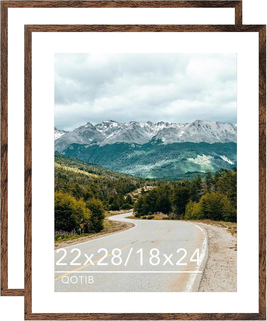 Wood 22x28 Picture Frame with 18x24 Mat, Display 18x24 with Mat or 22x28 Without Mat, Wood 22 by 28 Photo Frame, 22 x 28 Frame for Wall Hanging Display, Deep Brown, 2 Pack