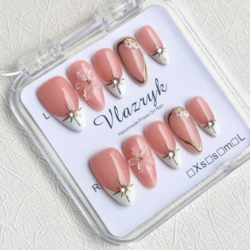 Short Brown French Tip Press On Nails ，3D Metallic Rhinestones style Design Handmade Press On Nails ，Reusable Glam Art Acrylic False Nails (10 PCS), M- (Pack of 10), Brown GLOD