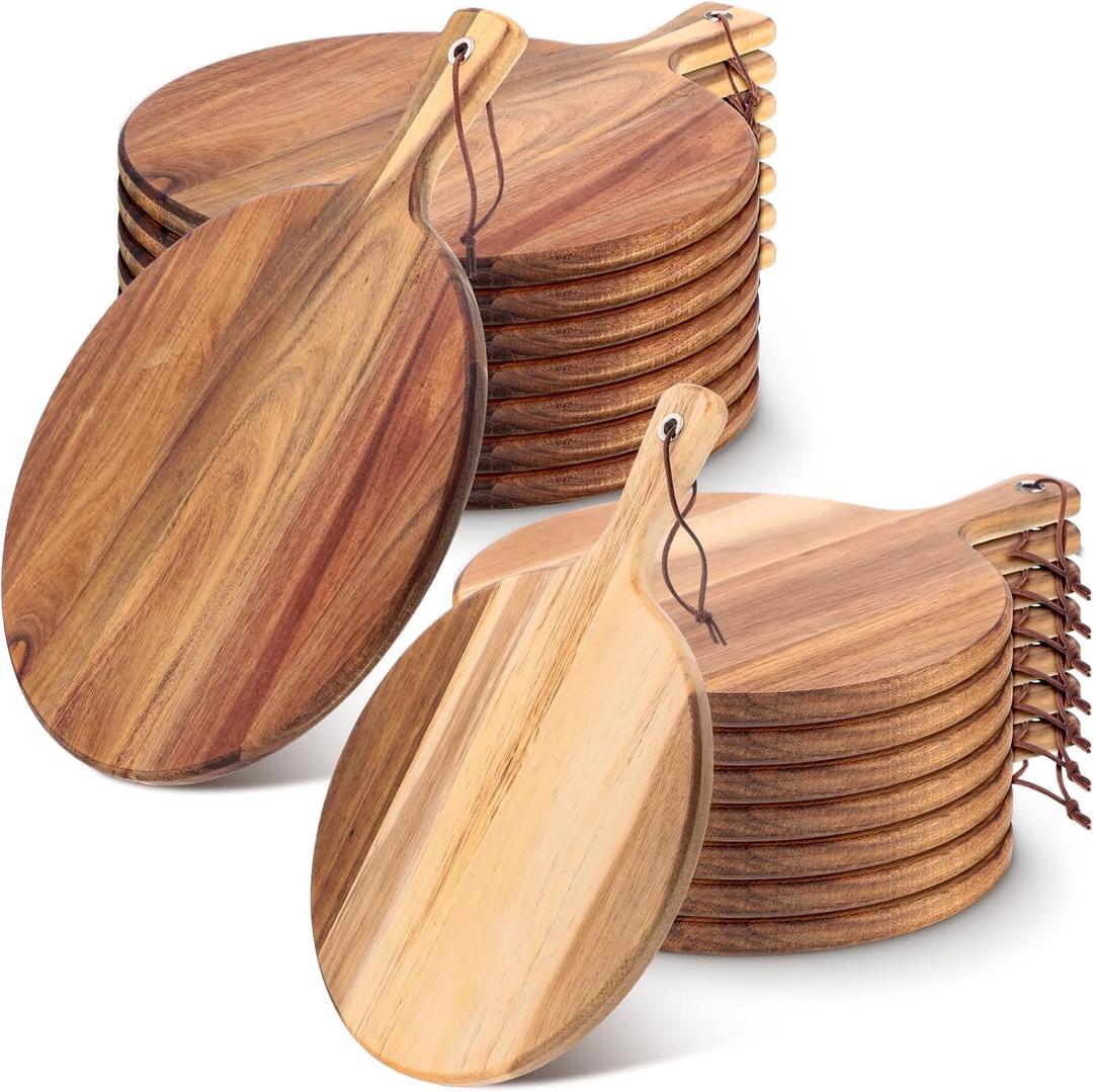 Roshtia 16 Pack Acacia Wood Cutting Board with Handle Thick Round Charcuterie Boards 2 Size Acacia Chopping Boards for Serving Cheese Pizza Bread Platter Baking Wooden Wall Carving Decor