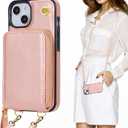 KIHUWEY Crossbody Wallet Case for iPhone 13 iPhone 14, Zipper Pocket Case with Card Holder, PU Leather RFID Protective Cover Case with Kickstand Detachable Wrist Strap Lanyard 6.1" (Rose Gold)