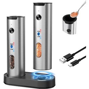 CIRCLE JOY Rechargeable Electric Salt and Pepper Grinder Set, 2-speed Stainless Steel Automatic Pepper Mill Grinder w/Charging Base, Adjustable Coarseness, LED Light, 110ml Large Capacity Top Fill