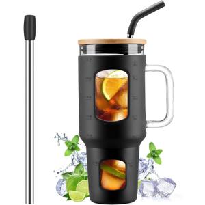 Glass Tumbler with Straw and Lid, 40 oz glass cup with handle, Glass Water Bottles with Time Marker, Silicone Protective Sleeve-Black