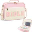 Bible Cover Case for Women Grils, Preppy Bible Bag with Adjustable Shoulder Strap, Waterproof Bible Carrying Tote Bags Holder for Bible Study Supplies Accessories & Christian Gifts (Light Pink, Large)