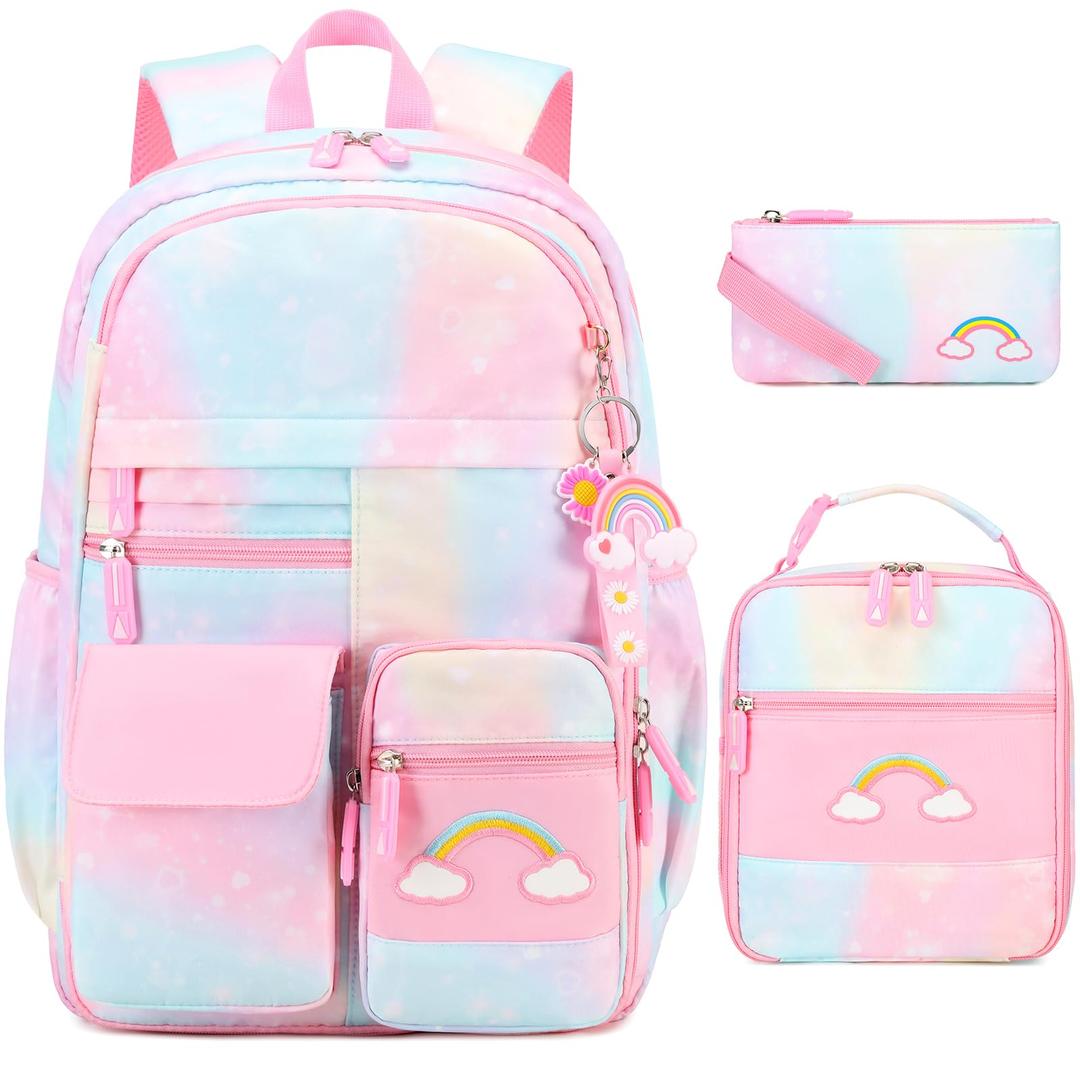 InduSKY Cute Rainbow School Backpack with Insulated Lunch Box Pen Case Set, Kids Backpack for Kindergarten to Middle School Students