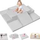 6-Piece Foam Climbing Blocks for Toddlers, Climb and Crawl Soft Foam Play Set with 47x47 Inch Baby Play Mat for Floor, Machine Washable Cover, Soft Climbing Toys for Toddlers 1-3 (Gray)