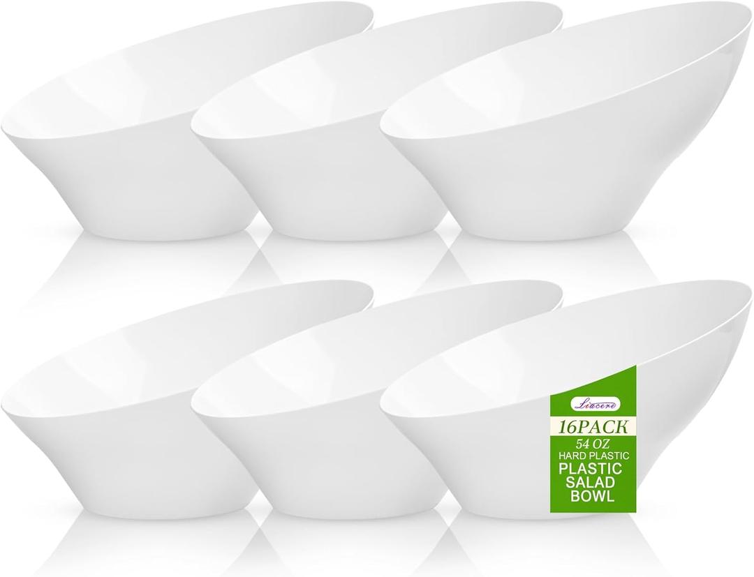 Liacere 16PCS White Plastic Serving Bowls - 54 OZ Angled Table Salad and Fruit Bowls - Disposable for Chip&Candy - Ideal for Party & Wedding & New Year