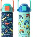 Kids Insulated Water Bottle with Pop-Open Straw & Spout 2-in-1 Lid, 18oz Leak Proof 18/8 Stainless Steel Vacuum Tumbler, BPA-Free Kids Cup For Travel School Boys Girls Toddler, Dinosaur & Monster Car