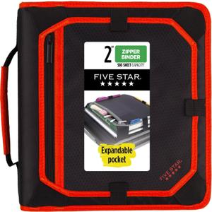 Five Star Zipper Binder, 2 Inch 3-Ring Binder with Round Rings, Expansion Panel and 5-Tab Expanding File, 580 Sheet Capacity, Red/Black (29052CE8)