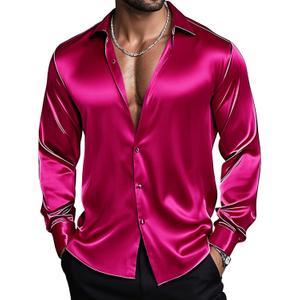 Barry.Wang Mens Stretch Dress Shirts Solid Long Sleeve Button Down Shirts Formal Casual Business Prom Party Wedding (Small, Satin Hot Pink)