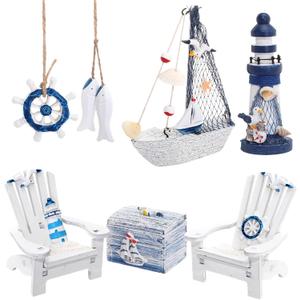 7 Pieces Wooden Box Wooden Lighthouse Mini Sailboat Anchor Fish Hanging Starfish Model Spring Summer Easter Tree Ornament Decoration Aquarium Decor Landscape Tank Ornament Office Mini Garden Landscape
