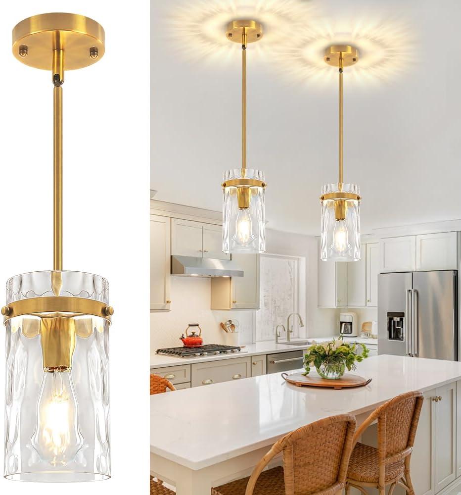 Gold Pendant Lights Kitchen Island 2 Pack, Modern Pendant Lighting Over Island, Hand-Blown Glass Kitchen Light Fixtures Hallway Hanging Pendan Light for Entryway Bathroom Foyer Dining Room Bedroom