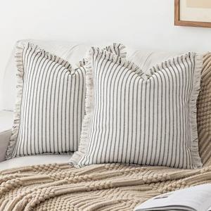 YEENAASY Striped Farmhouse Throw Pillow Covers 16X16 Set of 2 Boho Pillow Cover with Fringe Tassel Chic Cotton Decorative Pillows Modern Neutral Square Cushion Pillowcase for Sofa Couch Bed, Black