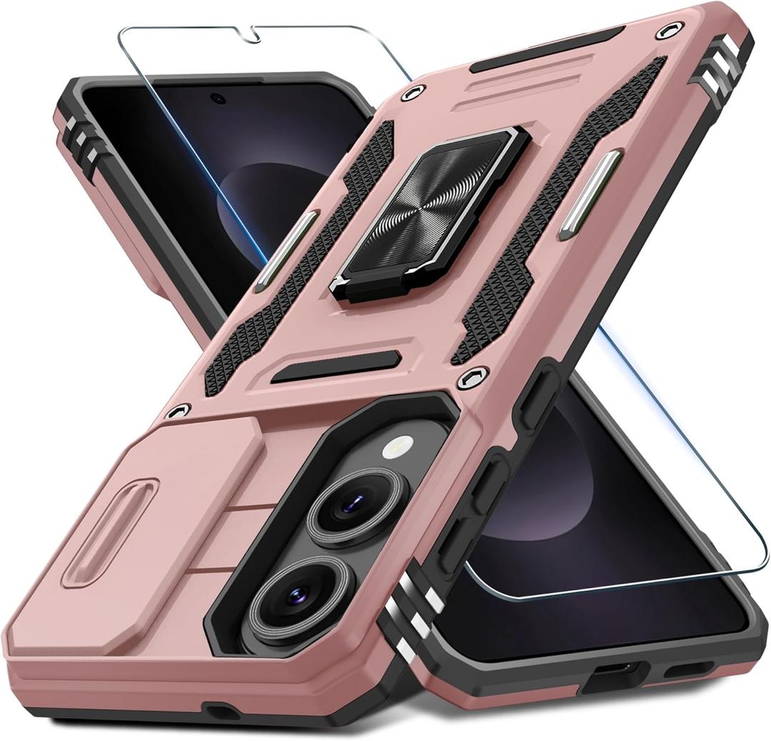 DEERLAMN Case for Samsung Galaxy S25 Edge with Slide Camera Cover+Screen Protector (1 Pack), Rotated Ring Kickstand Military Grade Shockproof Protective Cover-Rose Gold (S25 Edge-6.7 Inch)