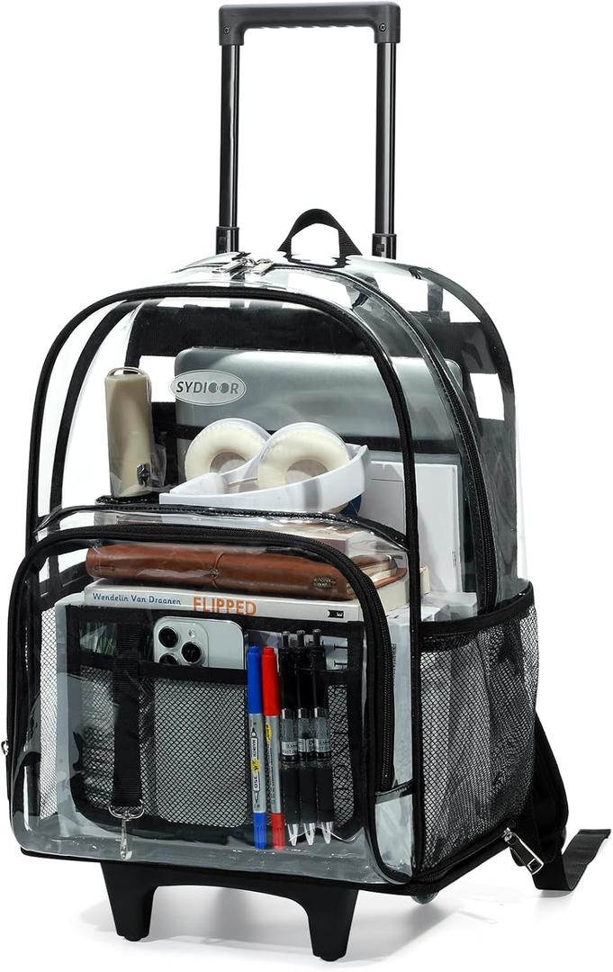 Rolling Clear Backpack Heavy Duty, 3-Stage Telescopic Handle Transparent Bookbag with wheels, See Through Backpack for College, Work, Travel
