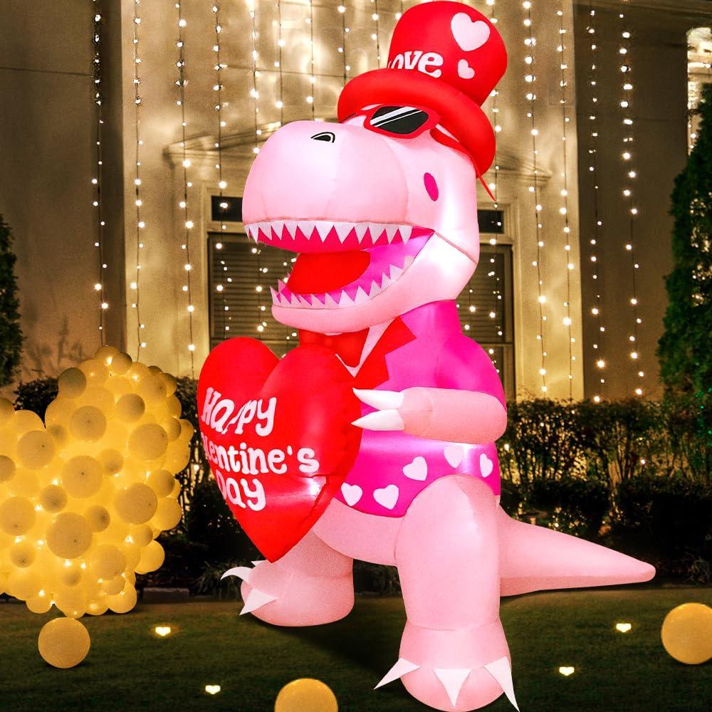 KOOY 5FT Height Valentines Day Inflatable Outdoor Decorations Inflatable Dinosaur Holding Heart, Valentines Yard Inflatable Decorations for Outdoor Indoor Party Wedding Anniversary