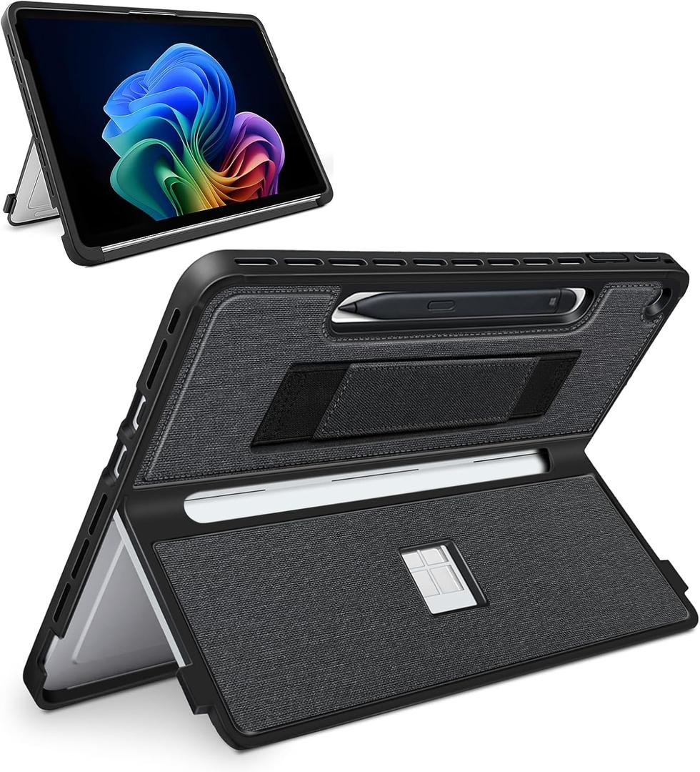Protective Case for Microsoft Surface Pro 12 inch 2025 | Fall-Resistant Cover with Hand Strap | Compatible with Built-in Kickstand & Magnetic Slim Pen Storage & Type Cover Keyboard | Black