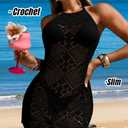 ChiaoLezhee Women's Backless Swimsuit Cover up, Crochet Mesh Halter Mini Dress, Sexy Beach Vacation Outfits, Summer Cute Knit Boho Bathing Bikini Short Clothes See Through, Black, Medium