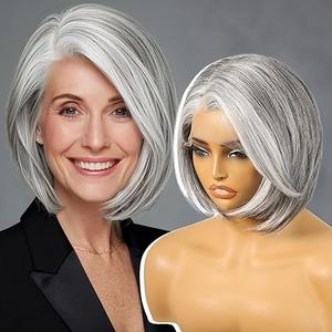 Grey Synthetic Lace Front Wig, Silver Side Part Short Straight Glueless Bob Wigs for White Women Daily Use 10IN (#2/60HL)