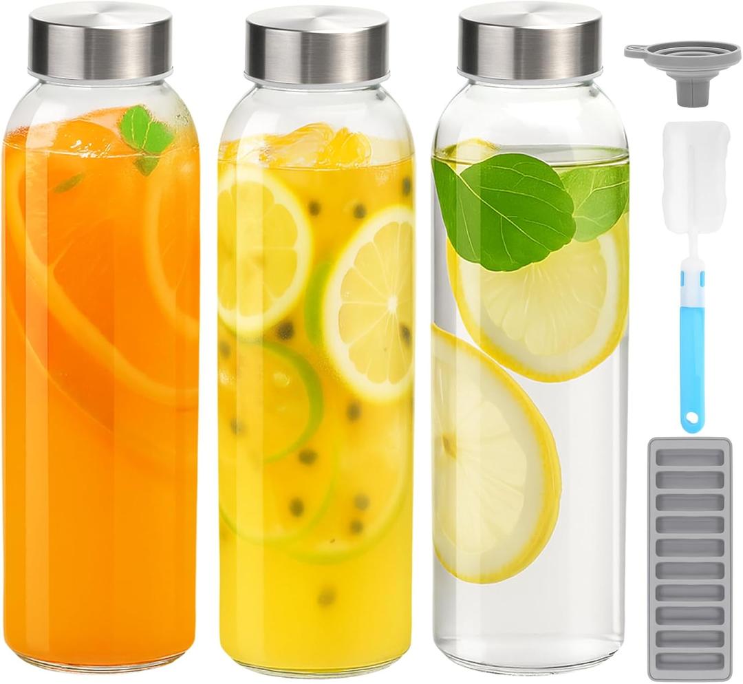 Zukro Glass Water Bottles with Lids 24 oz, 3 Pack Reusable Juice Bottles With Stainless Steel Airtight Cap for Juicing, Leak Proof Clear Drinking Jar Beverage storage container for Fridge, BPA Free (Silver-3 counts)