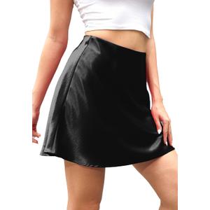 Mist Azur Women's Elegant Silky Satin Mini Skirt High Waist Bias Cut Short Skirt Leopard Print Mini A Line Skirts for Women (Black, M)