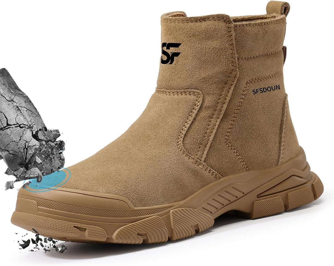 Work Boots for Men Slip On Welding Boots for Men, Indestructible Steel Toe Boots Men's Steel Toe Shoes, Fireproof Safety Toe Shoes, Construction Boots for Welder Men's Work Shoes. (8, Deep Brown)