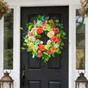 Spring Wreaths for Front Door Outside 24 Inch Luxury Summer Wreath with White Rose Flowers,Pink Dahlia & Green Hydrangeas,Lush Greenery Spring Front Door Wreath for Home,Wall,Porch Decor