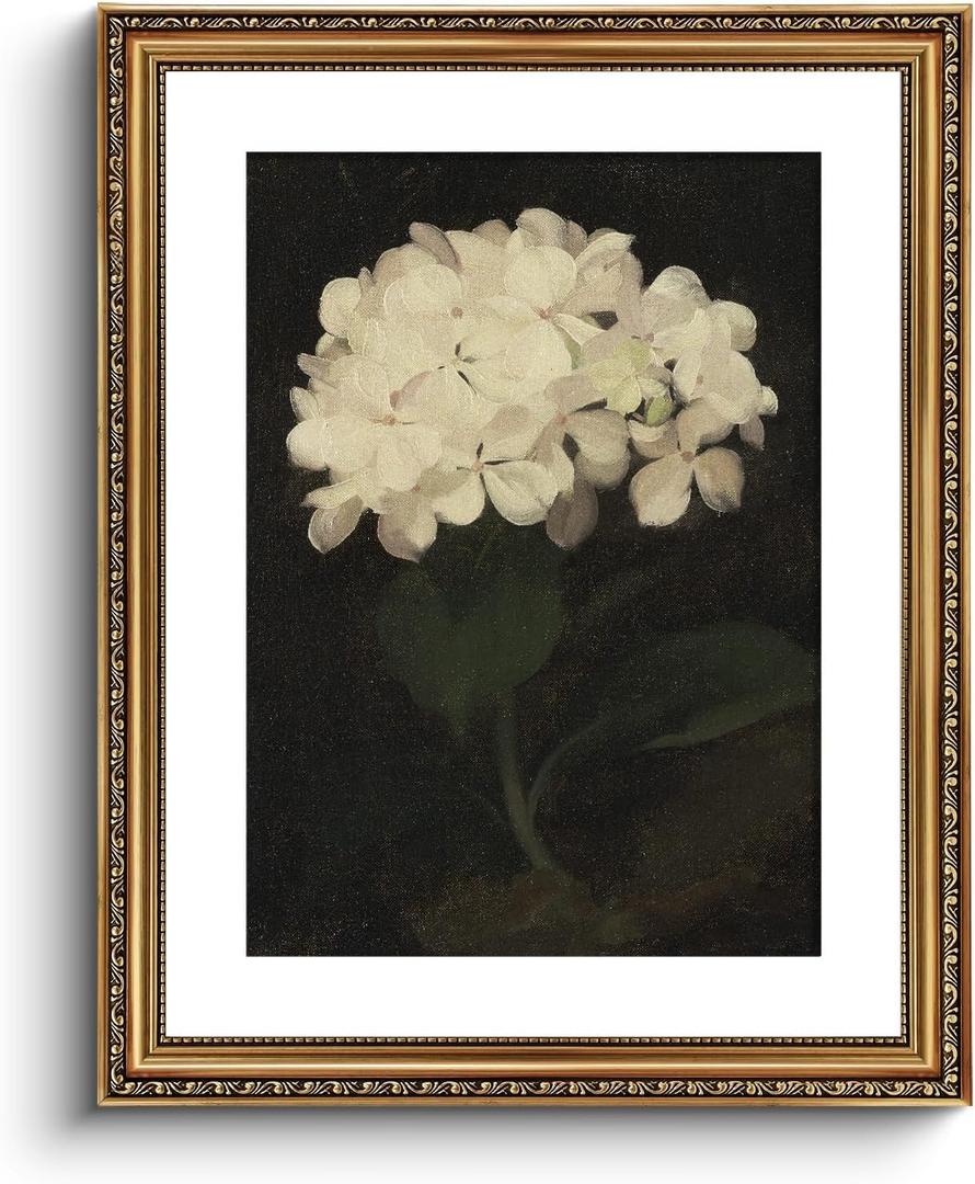 VIYYIEA Gold Framed Wall Art Canvas Print Home Decor Vintage Flower Art Aesthetic Room Decor White Hydrangea Oil Painting Canvas Prints Bedroom Bathroom Wall Decor Kitchen Office Floral Art 16x20in