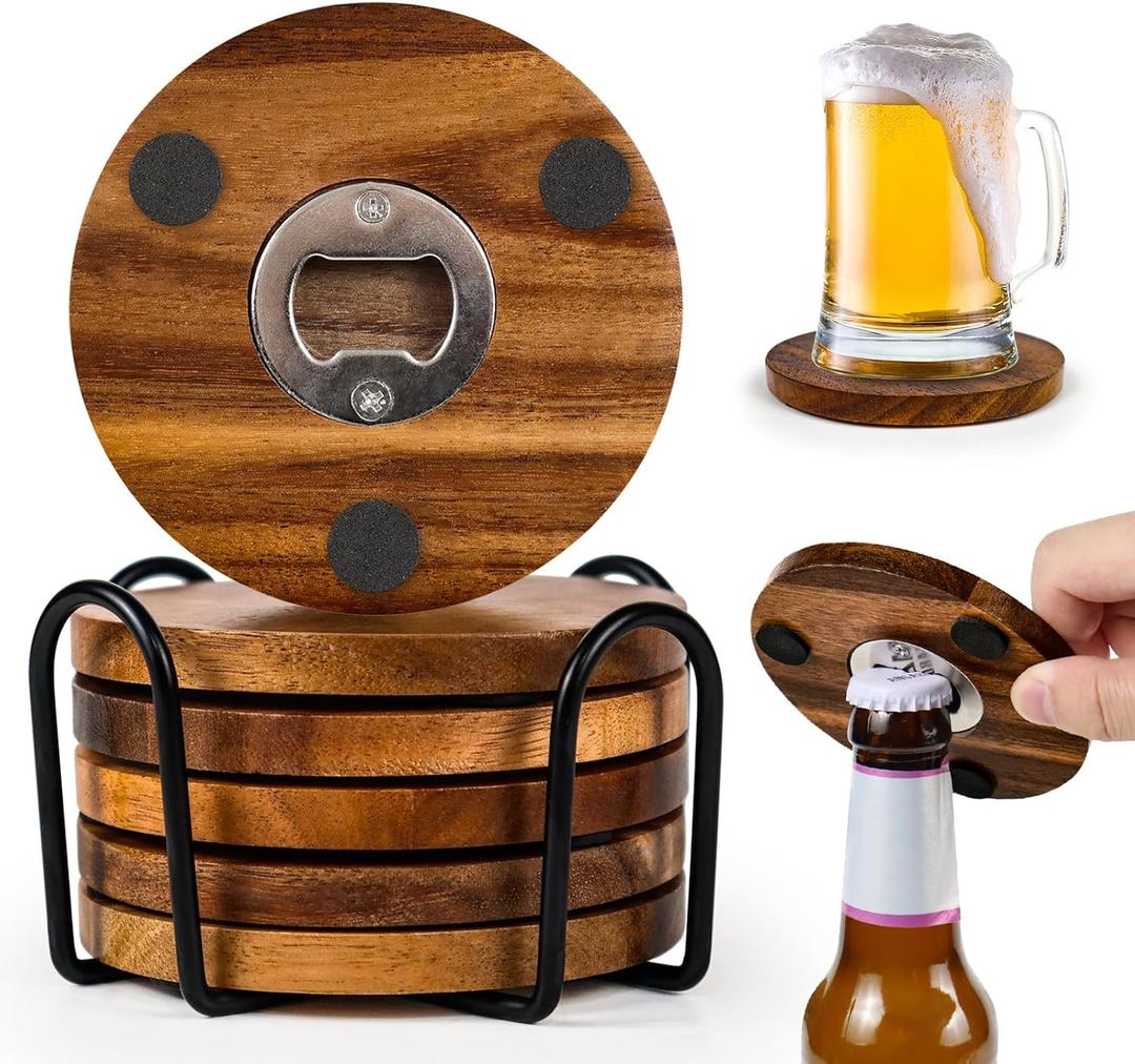 2-in-1 Wood Coasters with Bottle Opener, Set of 6 with Holder Funny Acacia Wood Drink Coasters with Stainless Steel Openers & Non-Slip Feet  Durable and Functional for Beer or Soda Drinking
