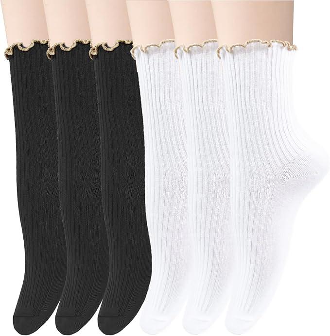 Chalier 6 Pairs Womens Crew Socks, Retro Casual Knit Socks Soft Cotton Sock for Women