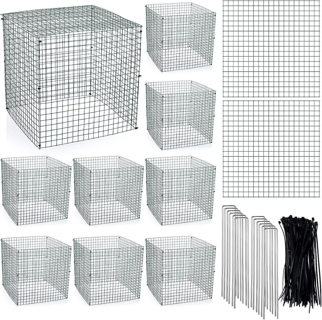 Zubebe 10 Pack Small Wire Plant Protectors Square Plant Protectors from Animals Mesh Cage Chicken Wire Cloche for Shrubs with Ground Stakes and Nylon Ties(Thickness 1mm,Dark Green)