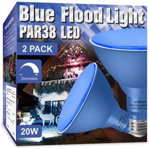 Gonhom 2 Pack PAR38 Blue Led Light Bulbs, Dimmable, 20W, E26 Base, Outdoor Indoor, Christmas Lighting, 1800 LM, Long Lifespan